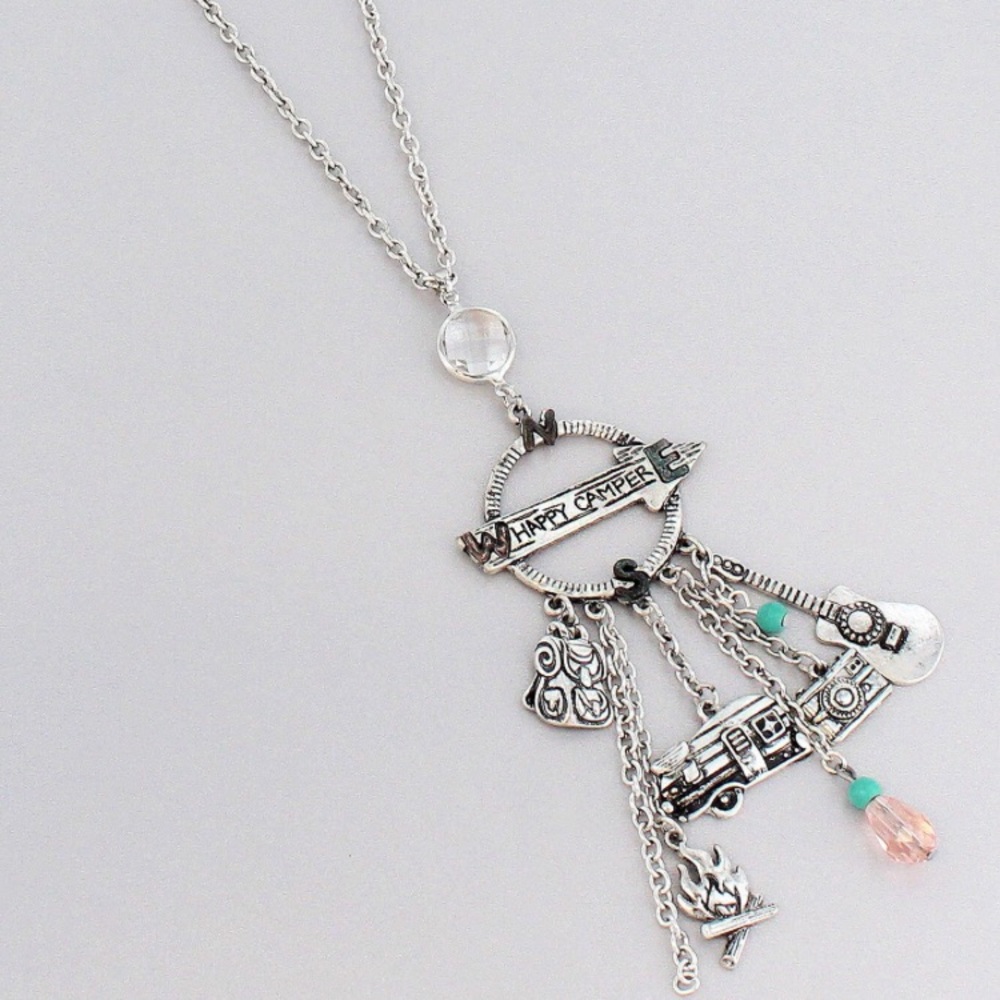 Burnished Silvertone Happy Camper Charm Necklace